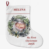 Krans met groen Baby's eerste kerstfoto Grote Kerstsok (Voorkant)