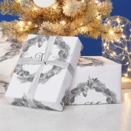 Krans met Kerstmis Monochroom Zwart Wit Cadeaupapier