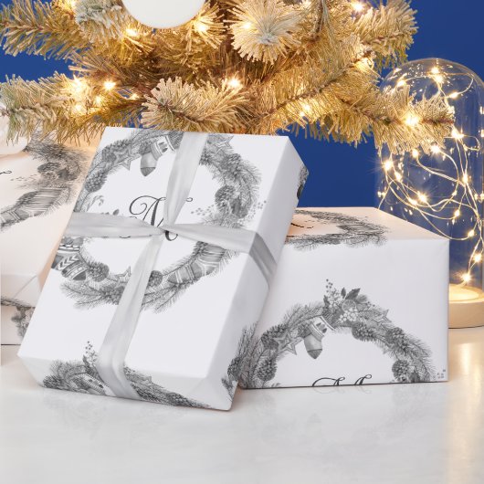 Krans met Kerstmis Monochroom Zwart Wit Cadeaupapier (Feestdagen)
