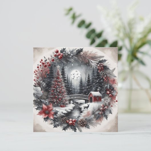 krans met landschapPlatte Kerstkaart (Staand voorkant)