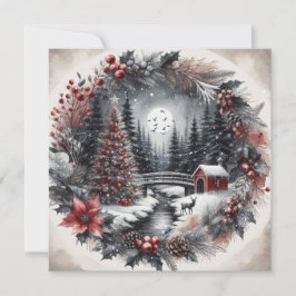 krans met landschapVlakke kerstkaart