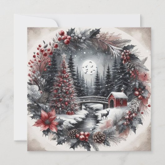 krans met landschapVlakke kerstkaart (Voorkant)