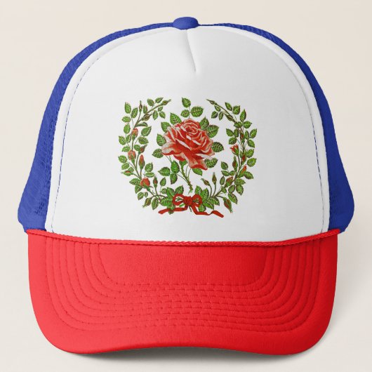 Krans met oude rode rozen bloemschildering kunst trucker pet (Voorkant)