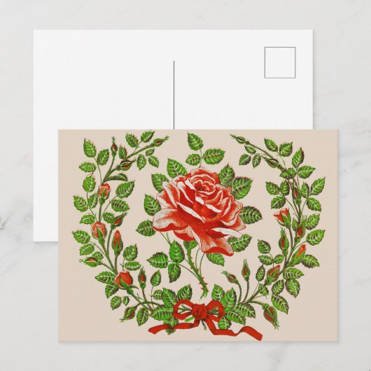 Krans met oude rode rozen bloemstuk begrroetings k briefkaart (Voorkant / Achterkant)