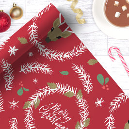 Krans met rendieren Kerstmis Holiday Rood Cadeaupapier