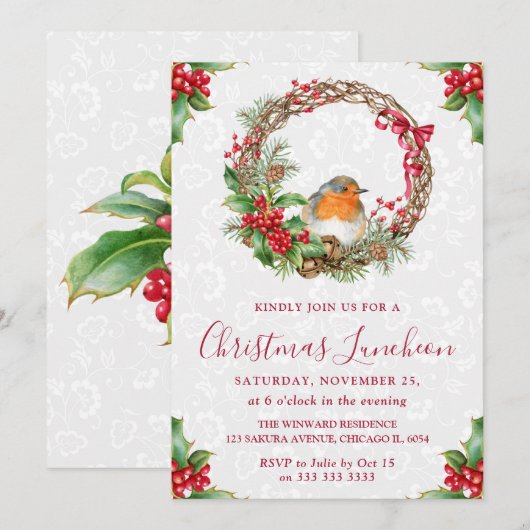 Krans met Robin & Hulstbessen Kerstluncheon Kaart (Voorkant / Achterkant)