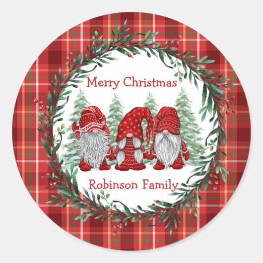 Krans met rode kabouters, kerst, hulst en bessen ronde sticker (Voorkant)