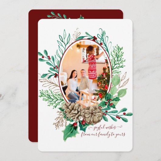 Krans met rode kerstholbessen en dennenappels met  feestdagenkaart (Voorkant / Achterkant)