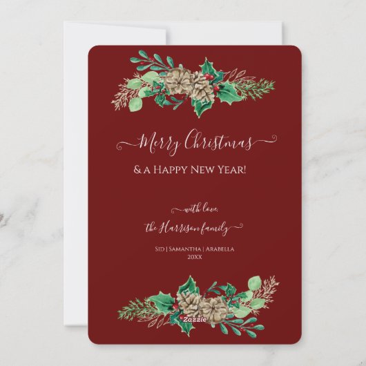 Krans met rode kerstholbessen en dennenappels met  feestdagenkaart (Achterkant)