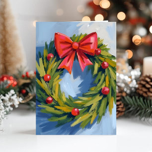 Krans met rode strik voor Kerstmis   Waterverf Feestdagen Kaart
