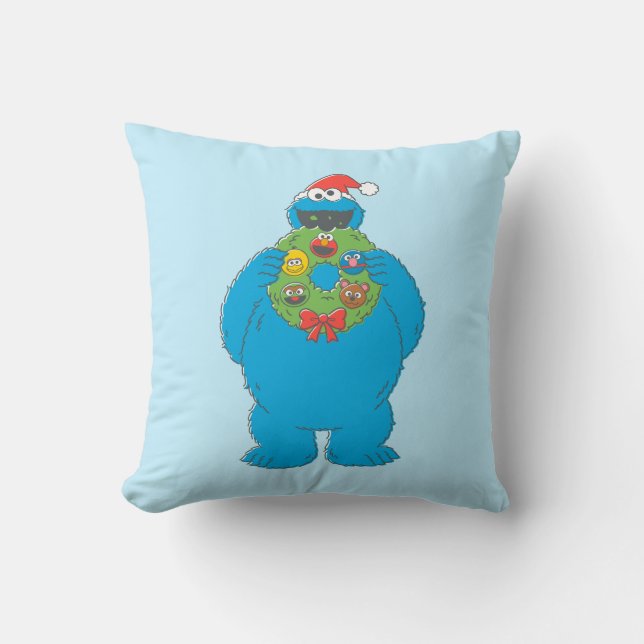 Krans met vintage Cookie Monster Kerstmis Kussen (Voorkant)