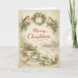 Krans met Vintage Robin Kerstgroet Feestdagen Kaart