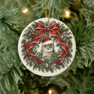 Krans met vintage uil voor Kerstmis Keramisch Ornament