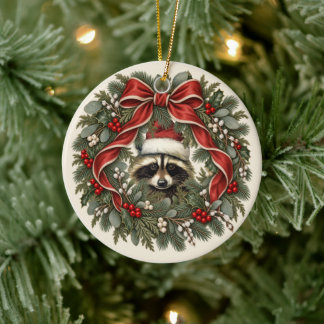 Krans met vintage wasbeer voor Kerstmis Keramisch Ornament
