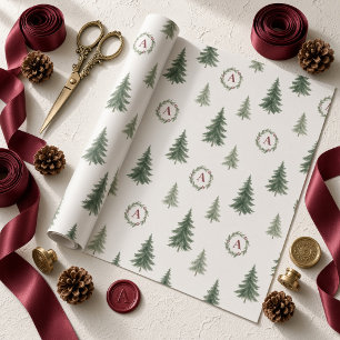 Krans met vintage watercolor kerstboommonogram cadeaupapier