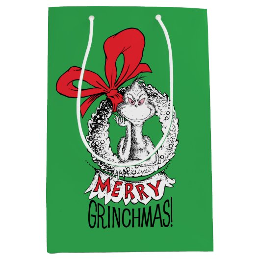 Krans met vrolijk Grinchfeest De Grinch Medium Cadeauzakje (Voorkant)