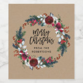 Krans met vrolijke kerst-winterbloemen wijn etiket (Enkel label)