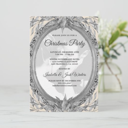 Krans met zilveren bladeren foto Kerstfeest partij Kaart (Staand voorkant)