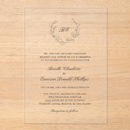 Krans Monogram Elegant Trouwen Acryl Uitnodigingen (Voorkant)