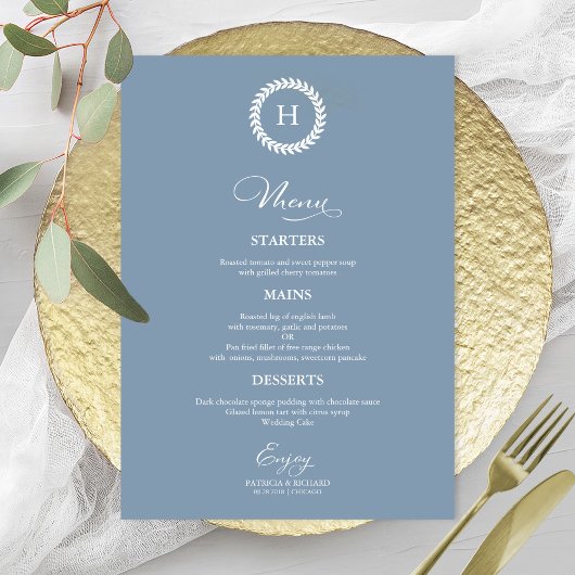 Krans Monogram Huwelijk Menu Kaarten Stof Blauw