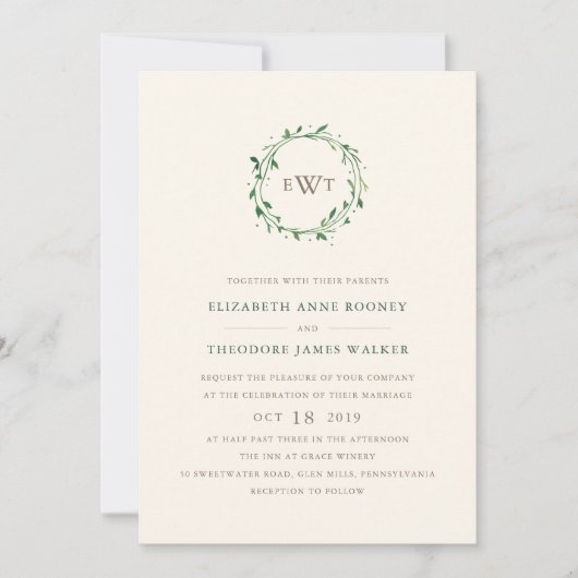 Krans Monogram Huwelijksuitnodiging | Bos Kaart (Voorkant)