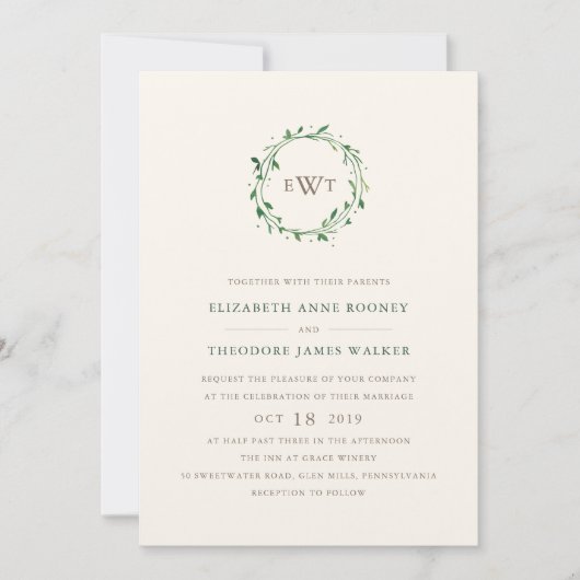 Krans Monogram Huwelijksuitnodiging | Bos Kaart (Voorkant)