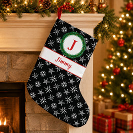 Krans Monogram Je Naam Zwart & Witte Sneeuwvlokken Kleine Kerstsok