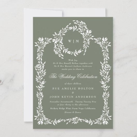 Krans Monogram Sage Groen Classic Lijst Bruiloft Kaart (Voorkant)