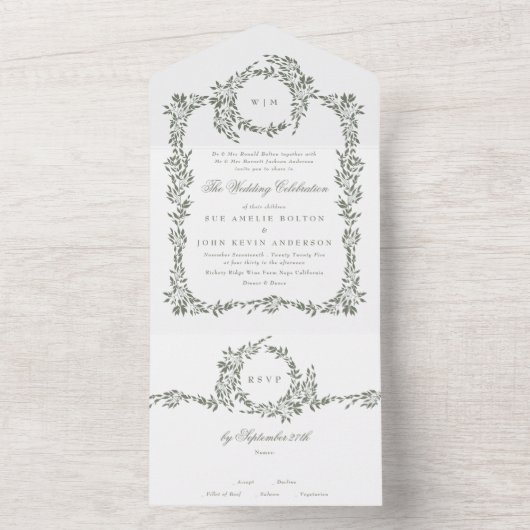 Krans Monogram Sage Groen Elegant Lijst Bruiloft All In One Uitnodiging (Binnen)