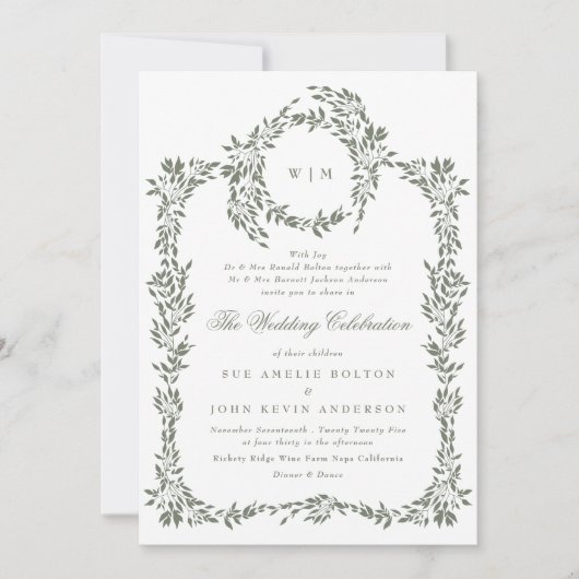 Krans Monogram Sage Groen Elegant Lijst Bruiloft Kaart (Voorkant)