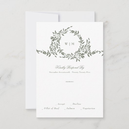 Krans Monogram Sage Groen Elegant Lijst Bruiloft RSVP Kaartje (Voorkant)