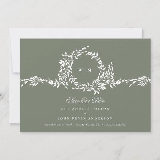 Krans Monogram Sage Groen Klassieke Foto Bruiloft Save The Date (Voorkant)