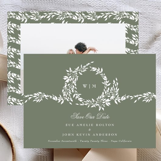 Krans Monogram Sage Groen Klassieke Foto Bruiloft Save The Date