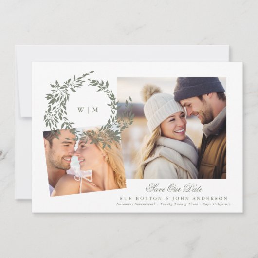 Krans Monogram Sage Groen Twee Foto Bruiloft Save The Date (Voorkant)