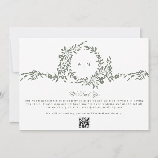 Krans Monogram Sage Groen Twee Foto Bruiloft Save The Date (Achterkant)