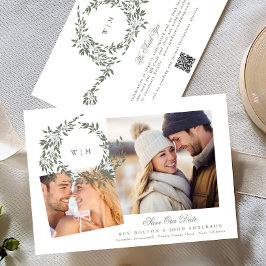 Krans Monogram Sage Groen Twee Foto Bruiloft Save The Date