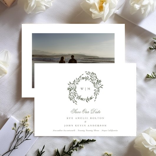 Krans Monogram Sage Groene Elegante Foto Terug Save The Date