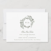 Krans Monogram Sage Groene Elegante Foto Terug Save The Date (Voorkant)