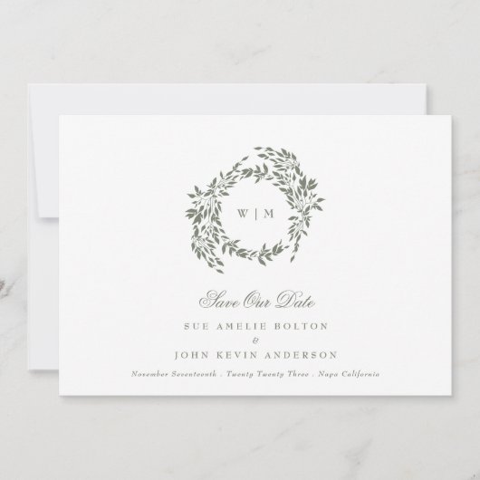 Krans Monogram Sage Groene Elegante Foto Terug Save The Date (Voorkant)