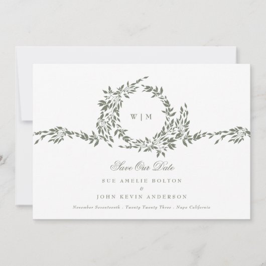 Krans Monogram Sage Groene Elegante Huwelijksfoto Save The Date (Voorkant)