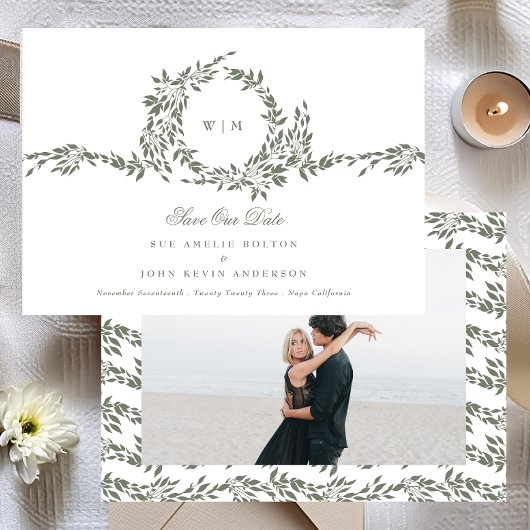 Krans Monogram Sage Groene Elegante Huwelijksfoto Save The Date
