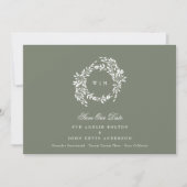 Krans Monogram Sage Groene Elegante Huwelijksfoto Save The Date (Voorkant)