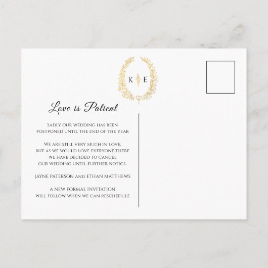 Krans monogram trouw annulering zwart goud aankondigingskaart (Achterkant)