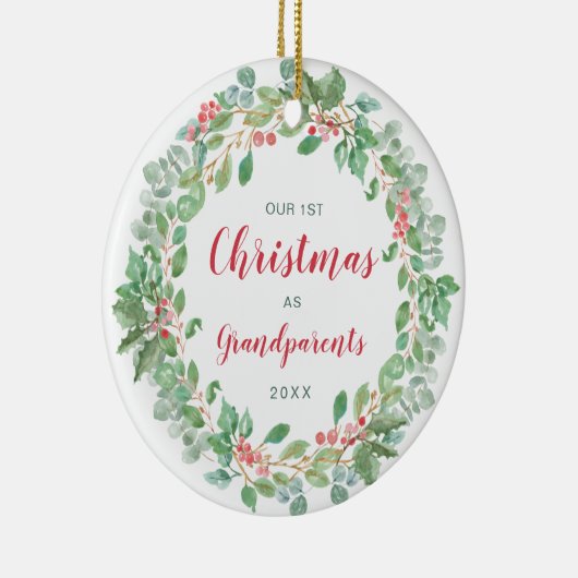 Krans onze eerste kerst als grootouders keramisch ornament (Rechts)