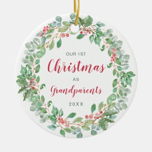 Krans onze eerste kerst als grootouders keramisch ornament (Voorkant)