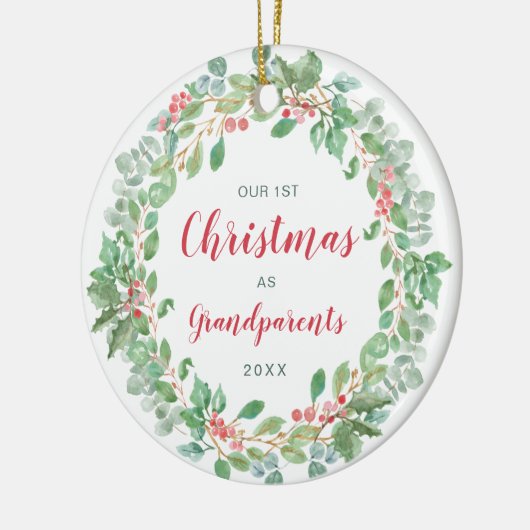 Krans onze eerste kerst als grootouders keramisch ornament (Links)
