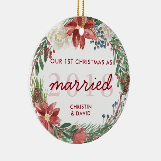 Krans Onze Eerste Kerstmis Als Getrouwd Foto Keramisch Ornament (Rechts)