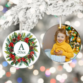 Krans Pinecones bessen Foto Monogram Jaar Keramisch Ornament