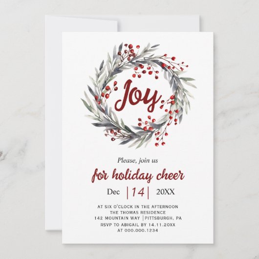 Krans, rode bessen en verlaat Joy Christmas party Kaart (Voorkant)