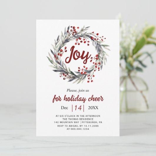 Krans, rode bessen en verlaat Joy Christmas party Kaart (Staand voorkant)